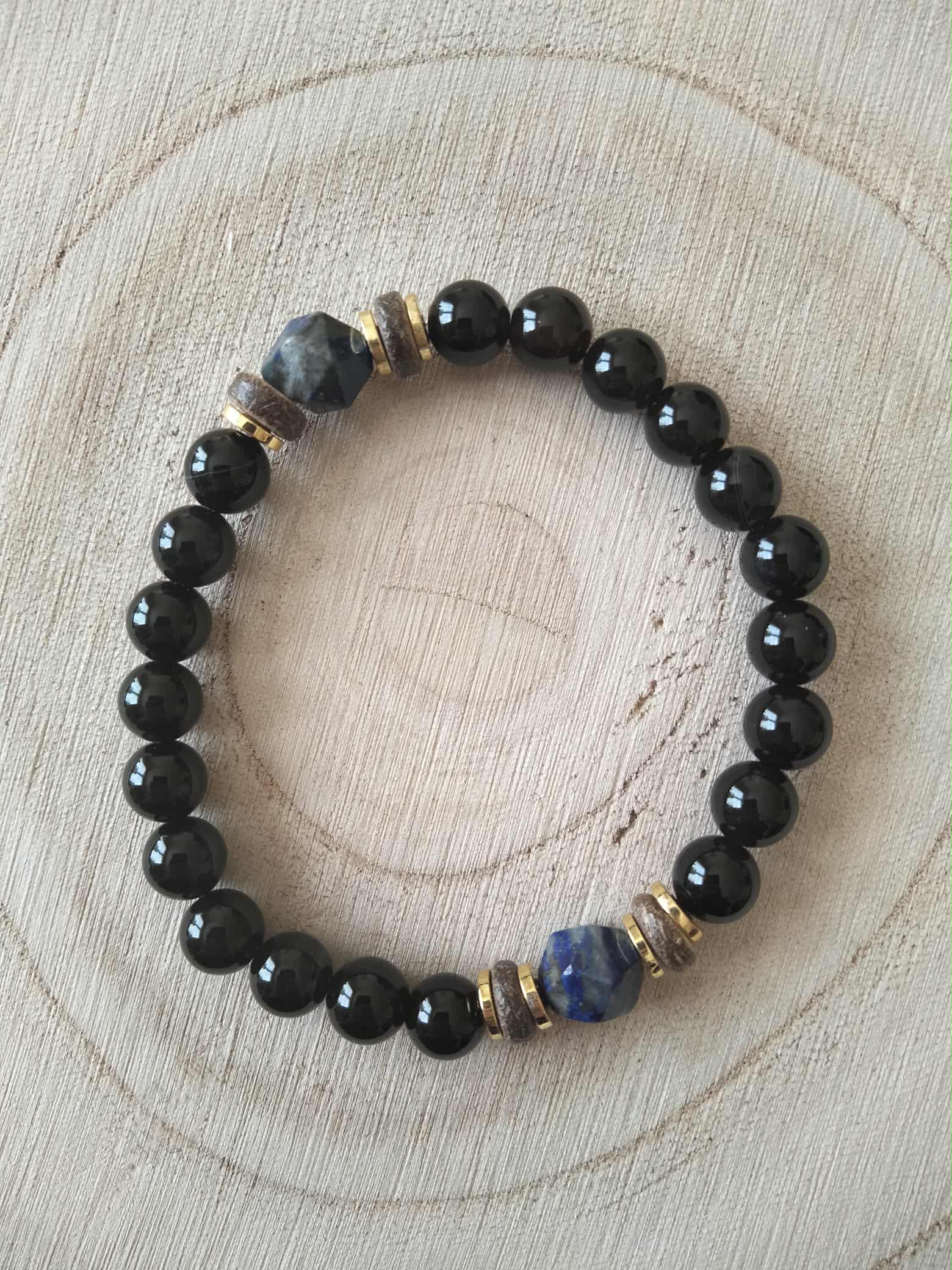 Bracelet homme Ring doré, onyx, bois et lapis lazuli